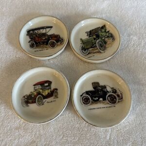 4 Vintage Hyalyn Old Antique Automobile Coasters Or Trinket Dishes Cadillac Cars